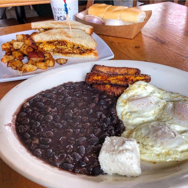 Plate of Antigua Bread's Huevos, frijoles or Platanos meal